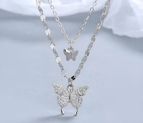 Women Double Layer Pendant Chain Silver Butterfly Necklace Chain